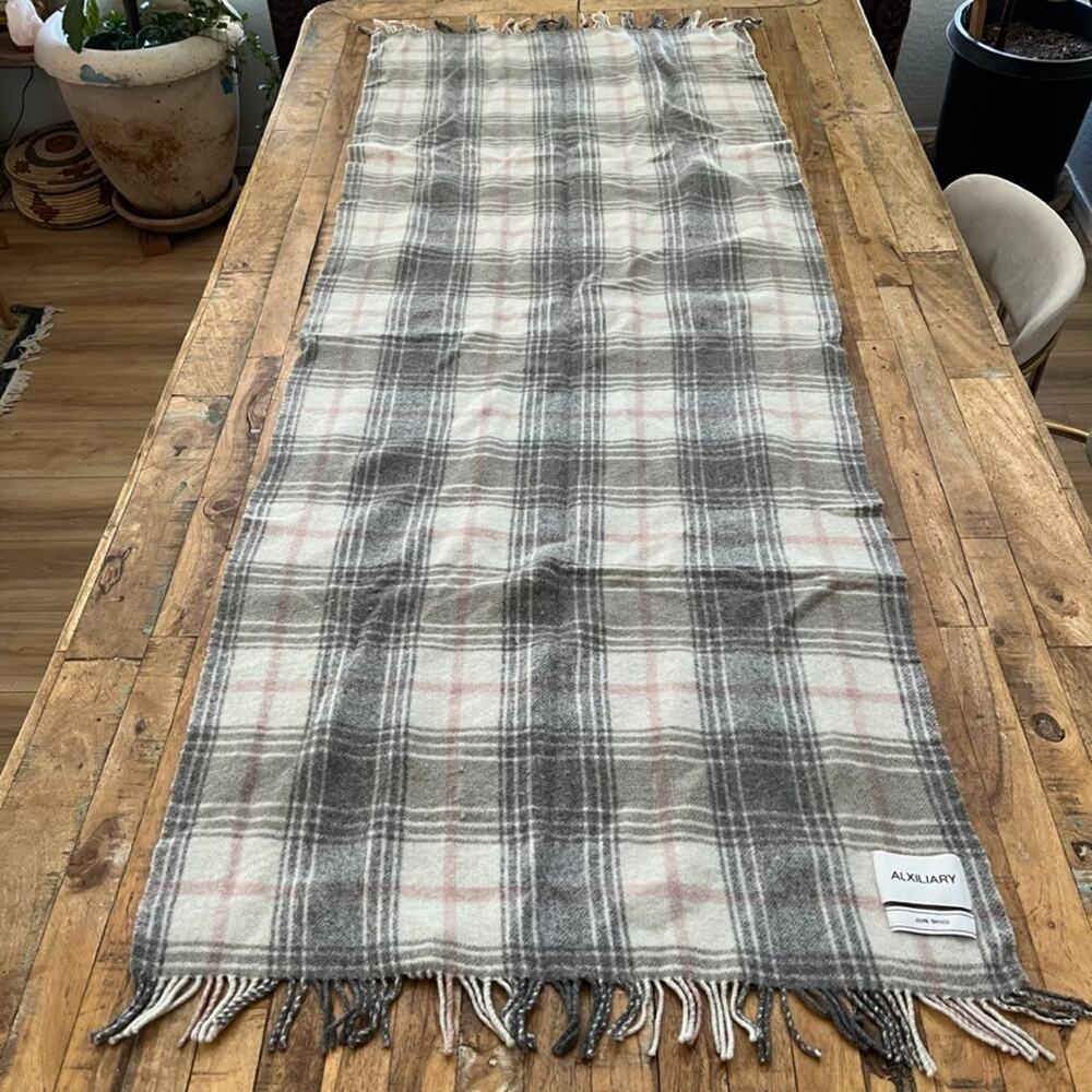 Aritzia Alxiliary Grey Plaid Wool Fringe Scarf 69 x 27